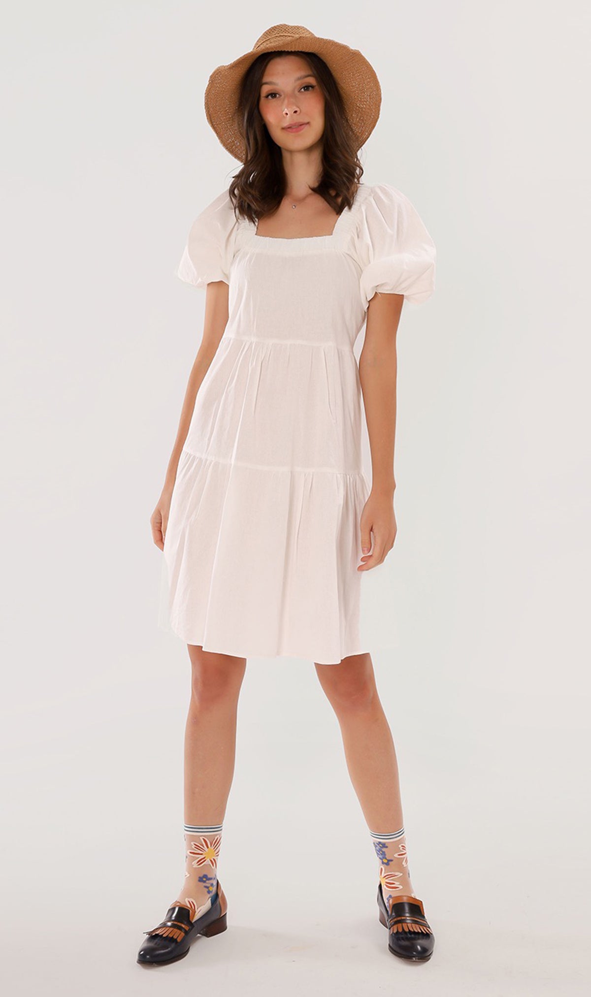 SOLANGE Linen Puff-Sleeve Dress (White)