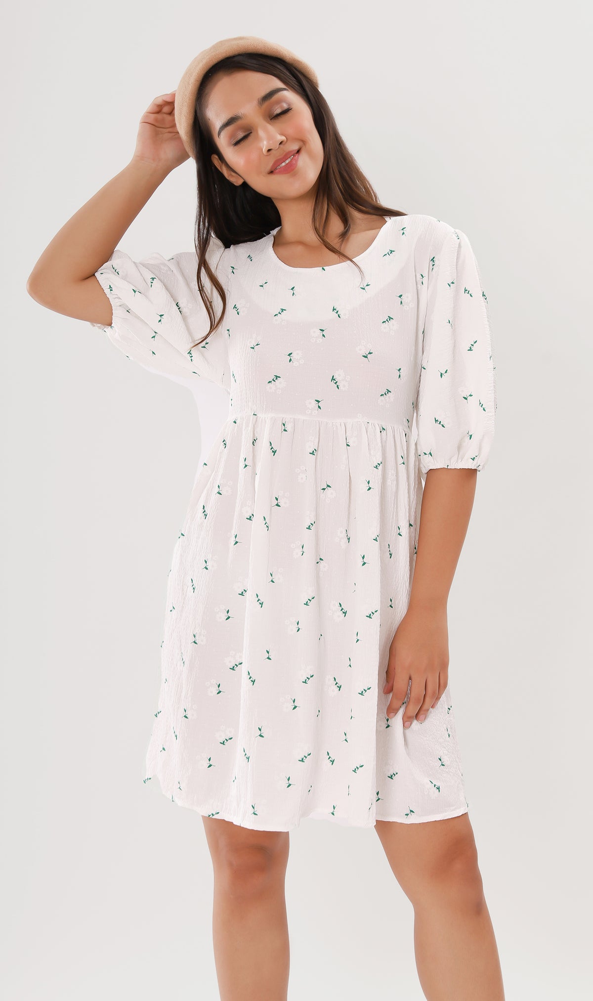 YANA Floral-Print Puff-Sleeve Babydoll Dress w/ Bag (White)