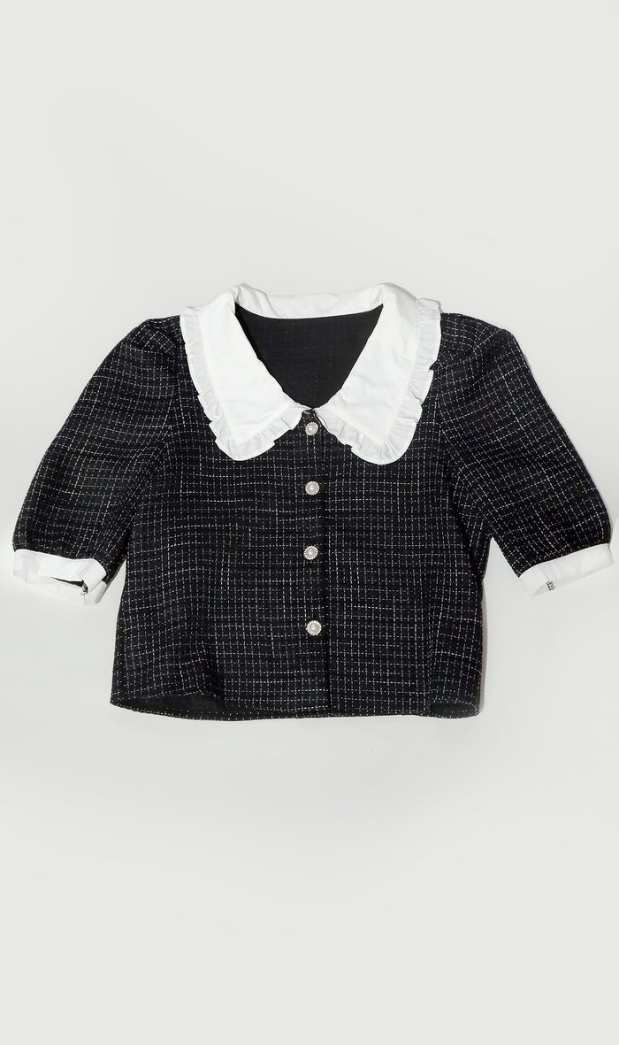 FAY Prairie-Collar Tweed Blazer Top(Black)