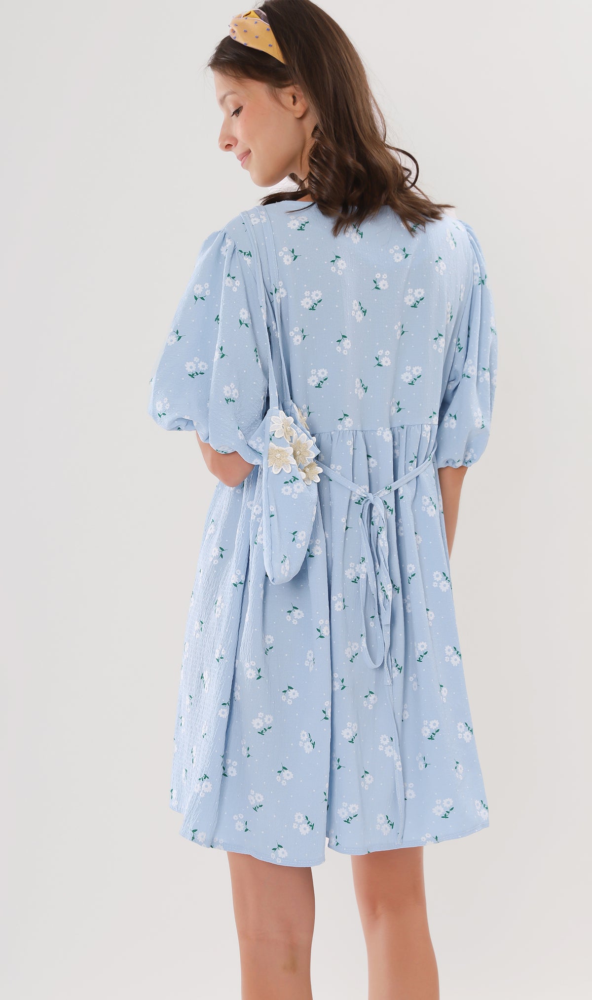 YANA Floral-Print Puff-Sleeve Babydoll Dress w/ Bag (Powder Blue)