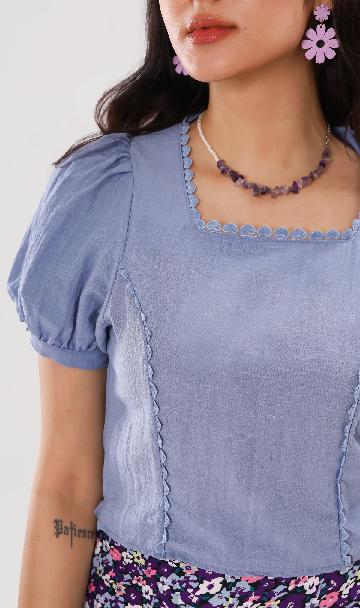 MOLLY Heart-Trimmed Puff-Sleeve Top (Dusty Blue)