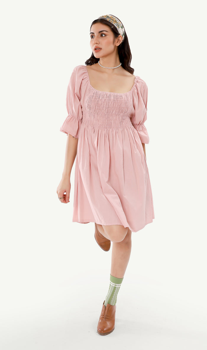 REYA Smocked Puff-Sleeve Linen Dress (Blush)