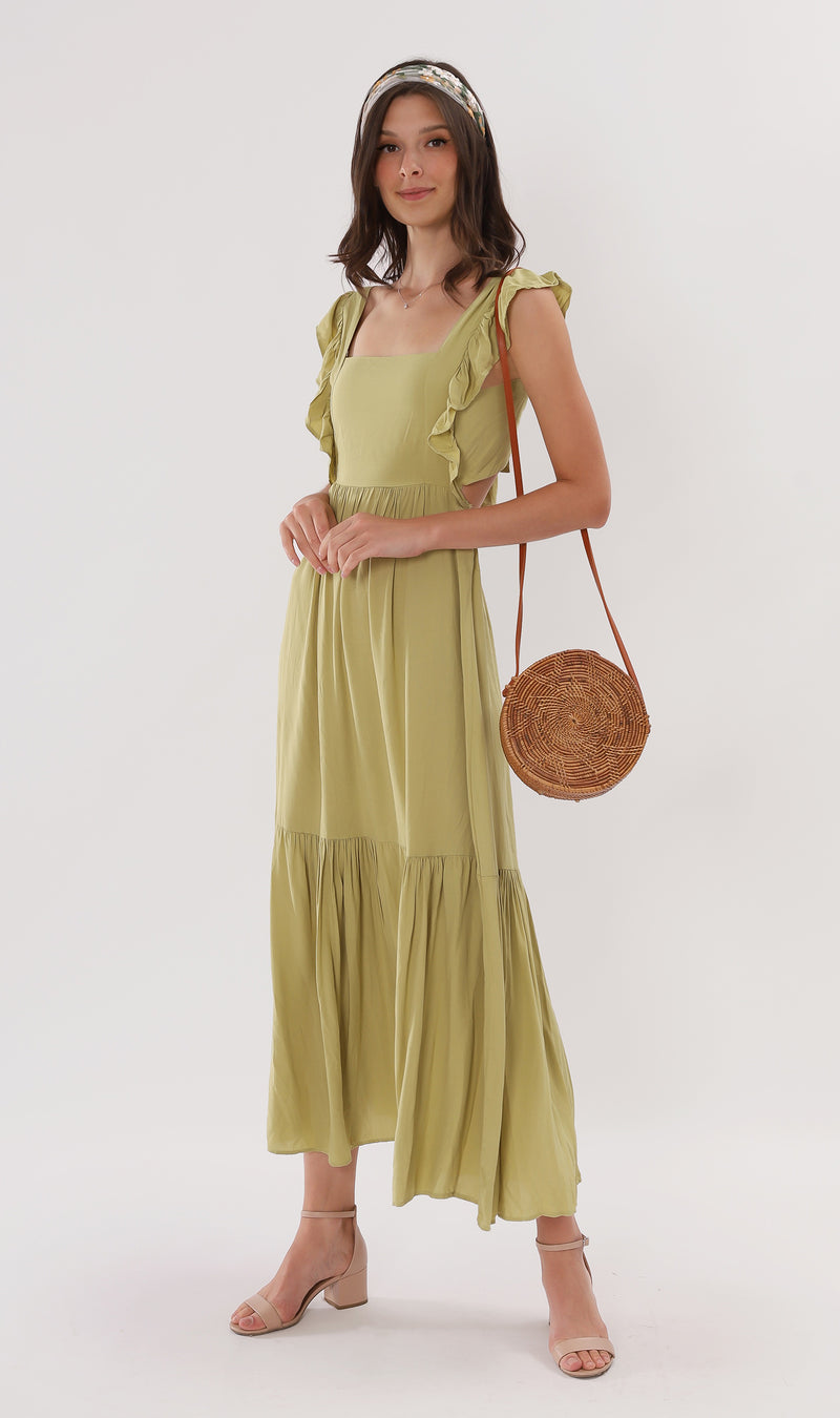 CAMDEN Ruffled-Sleeve Maxi Dress (Lime)