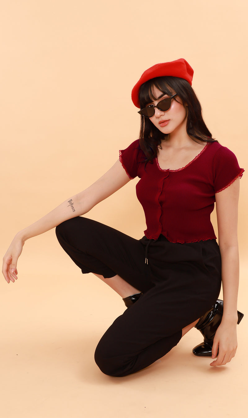 ABBY Lace-Trimmed Knit Crop Top (Ox Blood)
