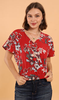 SARA Floral Flutter-Sleeve Top (Red)