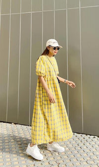 HAISLEY Puff-Sleeve Plaid Maxi Dress (Yellow)