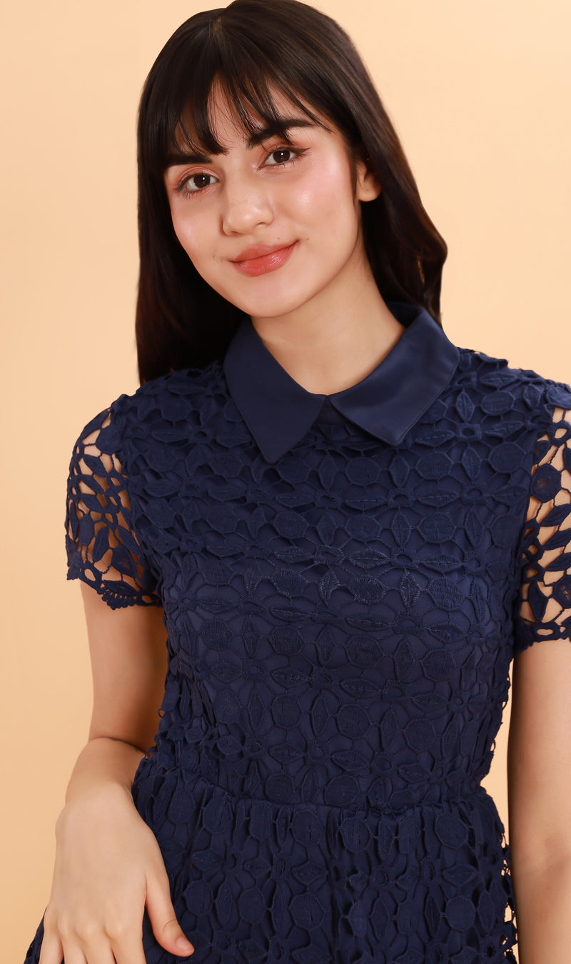 VICTORIA Lace Overlay Dress (Navy)