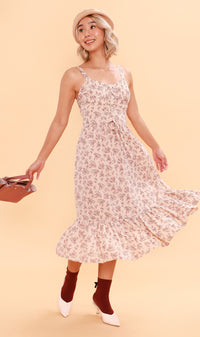CRESSIDA Floral Lace-Up Midi Dress (Blush Beige)