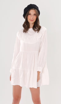 IMOGEN Bib-Collar Long-Sleeve Tiered Dress (White)