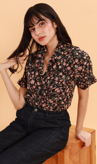 PORTIA Floral Collar Shirt (Black/Peach)