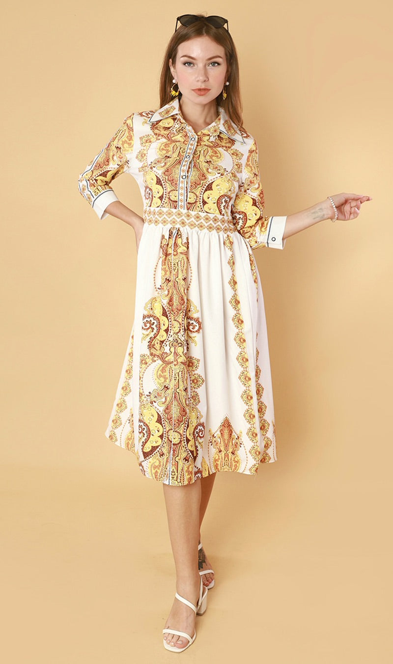 QUINCE Long-Sleeve Collared Dress(Yellow)