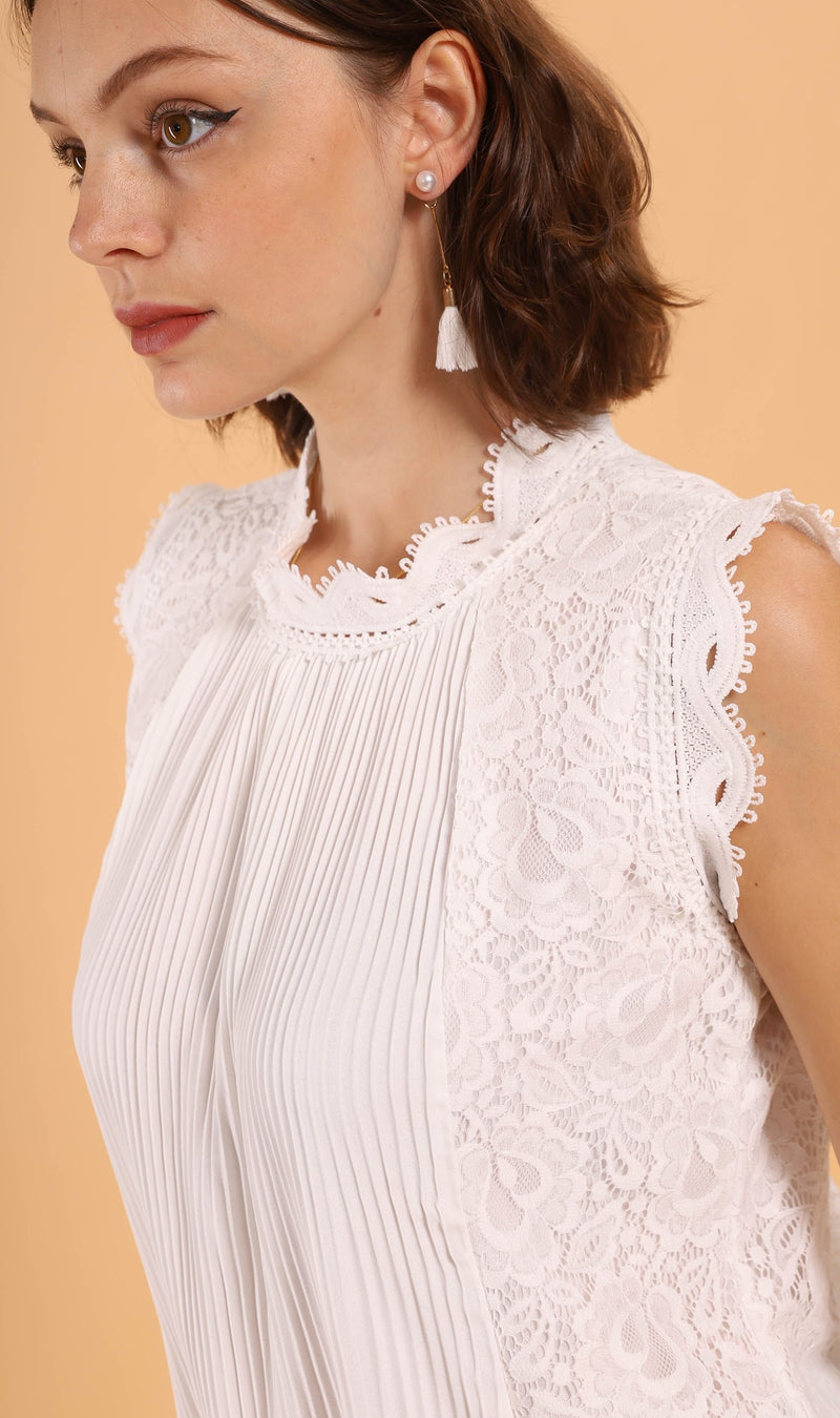 CLEO Lace-Trimmed Mock-Neck Top (White)