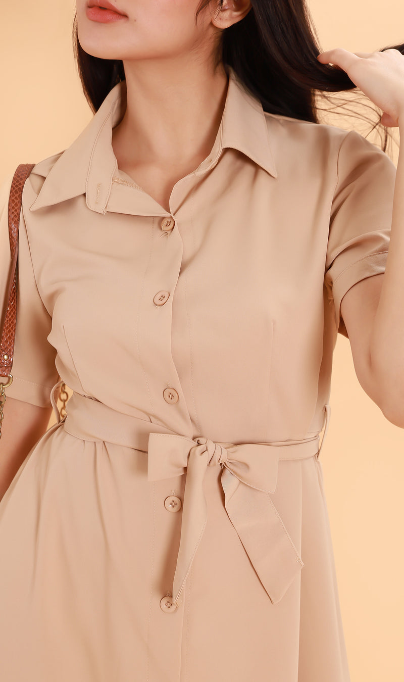 PEYTON Belted Button-Down Dress (Latte)