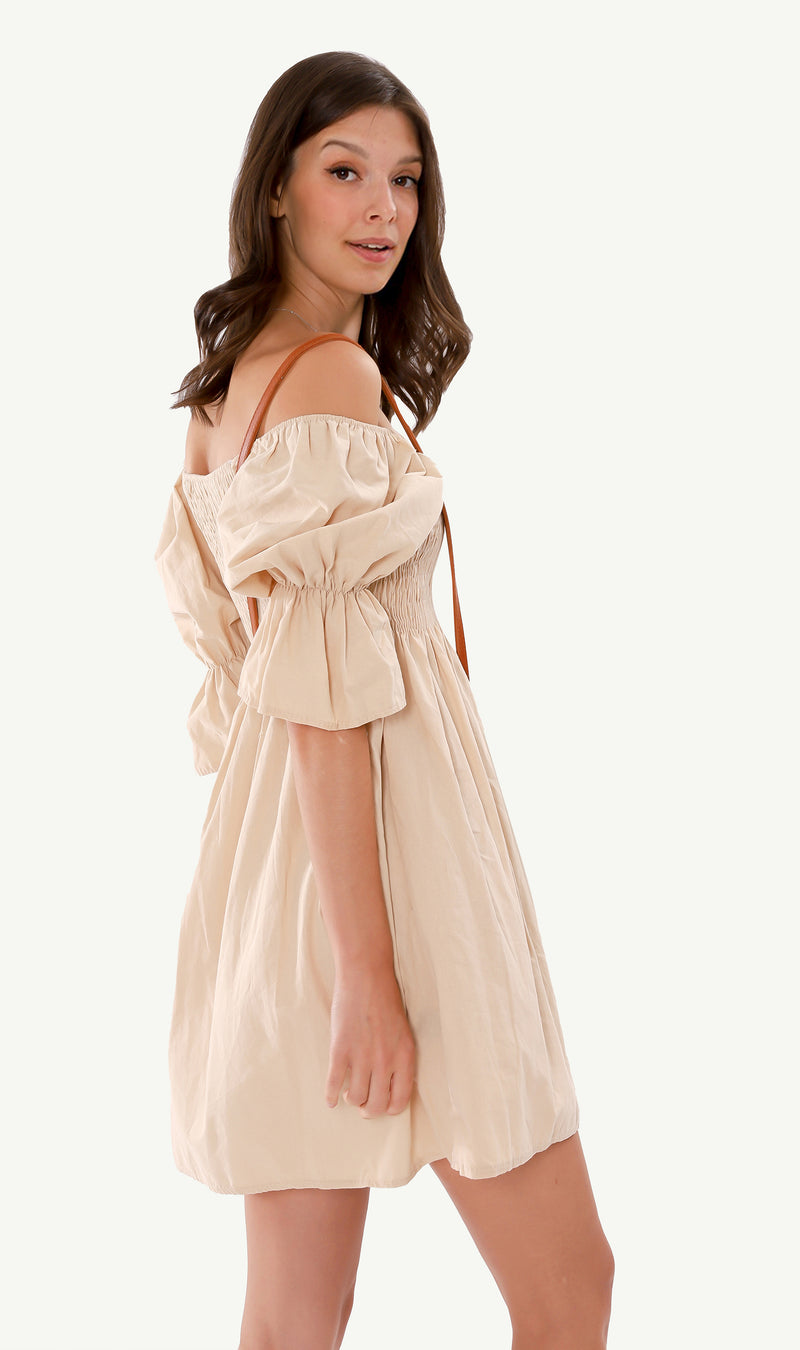 REYA Smocked Puff-Sleeve Linen Dress (Nude)