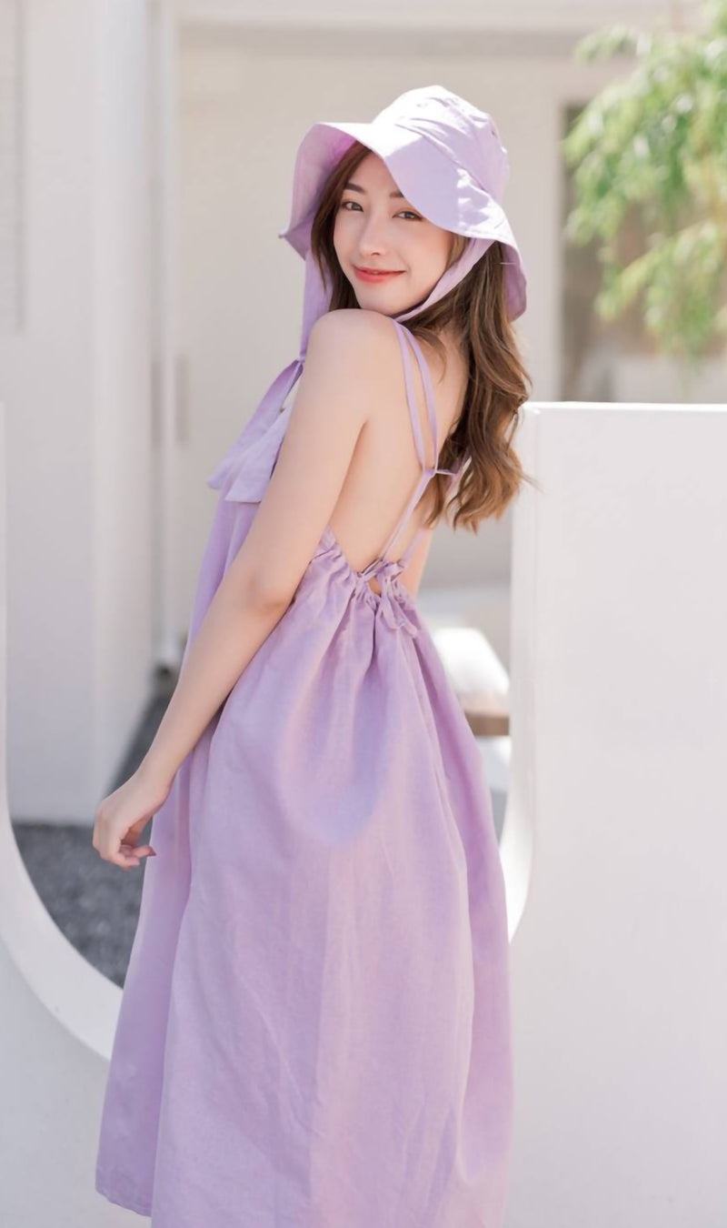 DEMI Open-Back Slip Midi Dress w/ Hat (Lilac)