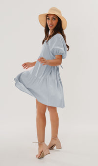 SOLANGE Linen Puff-Sleeve Dress (Powder Blue)