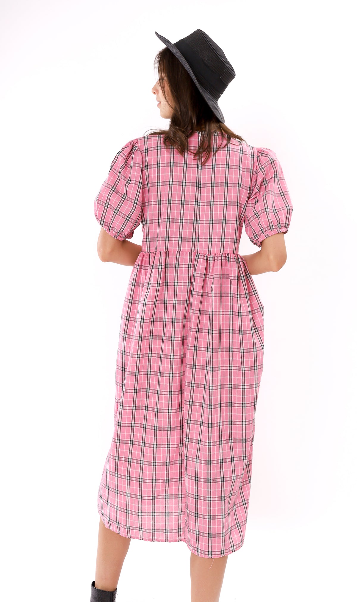 HAISLEY Puff-Sleeve Plaid Maxi Dress (Pink)