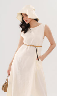 MAZIE Low-back Linen Midi Dress w/ Hat (Cream)