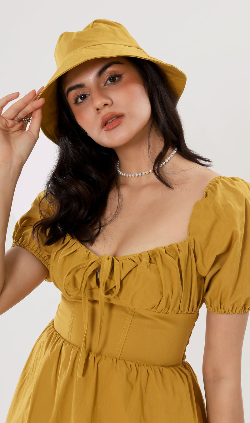 QUINCY Ruched Puff-Sleeve Dress w/ Hat (Mustard)