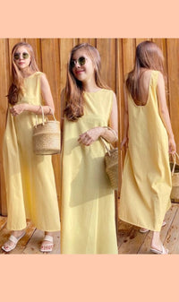 MAZIE Low-back Linen Midi Dress w/ Hat (Yellow)