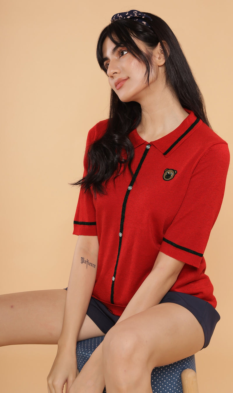 CASS Bear-Patch Knit Polo (Red)