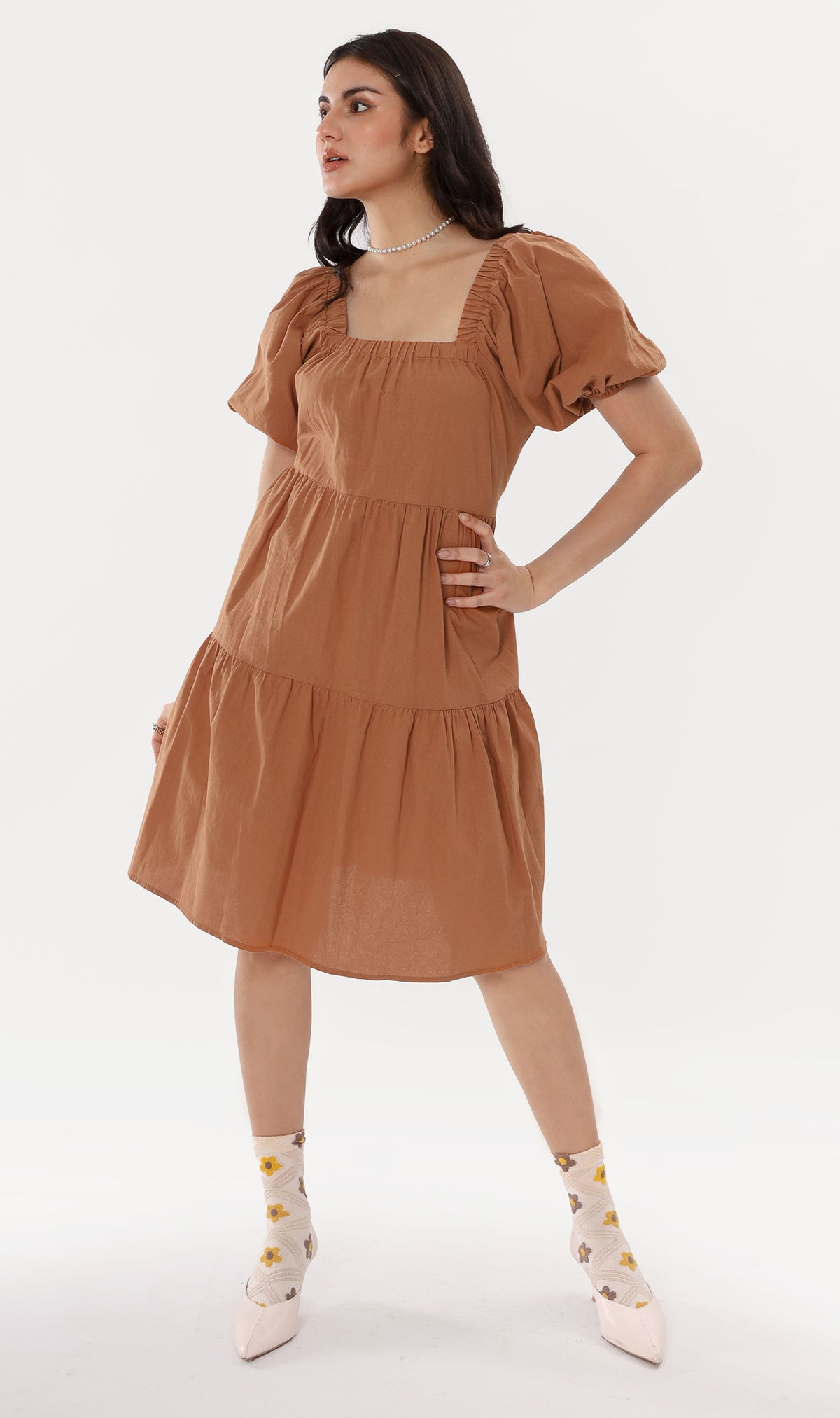 SOLANGE Linen Puff-Sleeve Dress (Cinnamon)