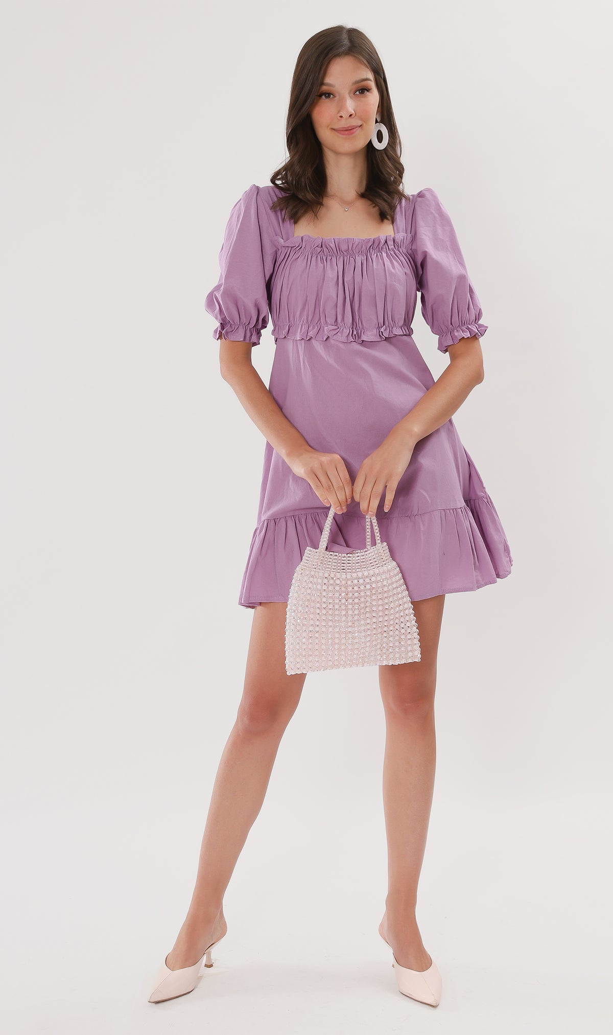 CLAUDETTE Ruched-Bust Ruffled Dress (Lilac)