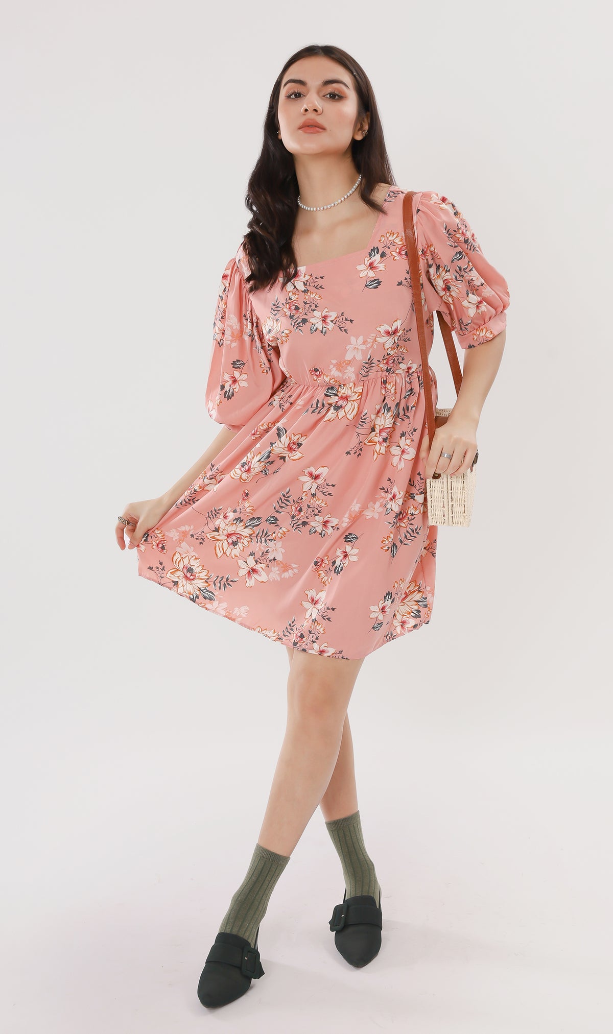 ALINA Floral-Print Puff-Sleeve Dress (Peach)