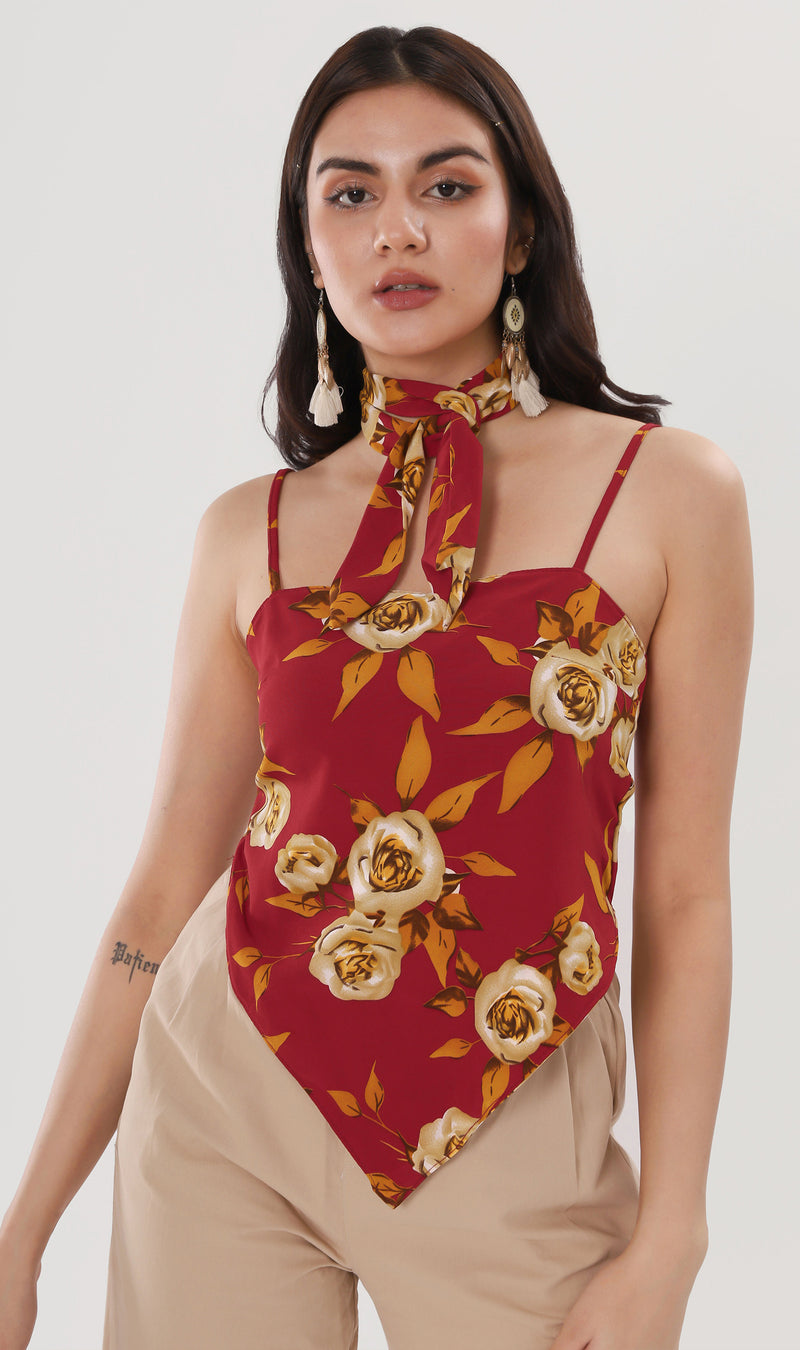 ZAYLEE Tie-Back Floral Cami w/ Scarf (Red)