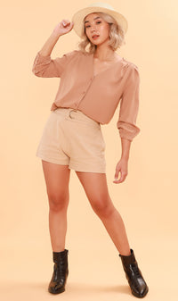 STELLA Button-Down Long-Sleeve Top (Nude)