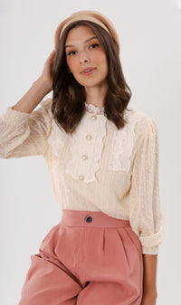 ALORA Lace-Trimmed Long-Sleeve Top (Cream)