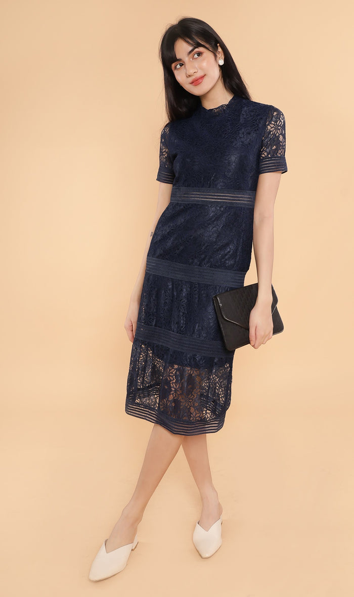 AVALINE Tiered Lace Dress (Midnight Blue)