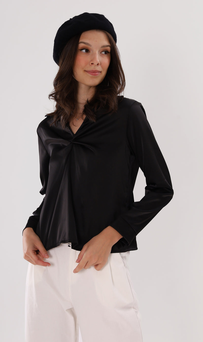 ELLIS Ruched-Front Collared Top (Black)