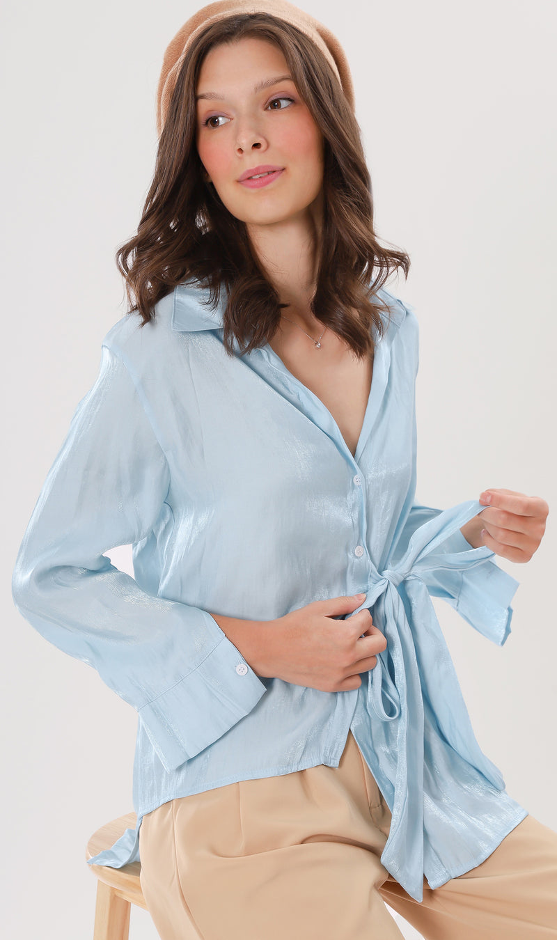 RORY Tie-Front Asymmetrical Button-Down (Sky Blue)