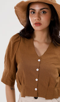 KATYA Buttoned Puff-Sleeve Grid Top (Cinnamon)