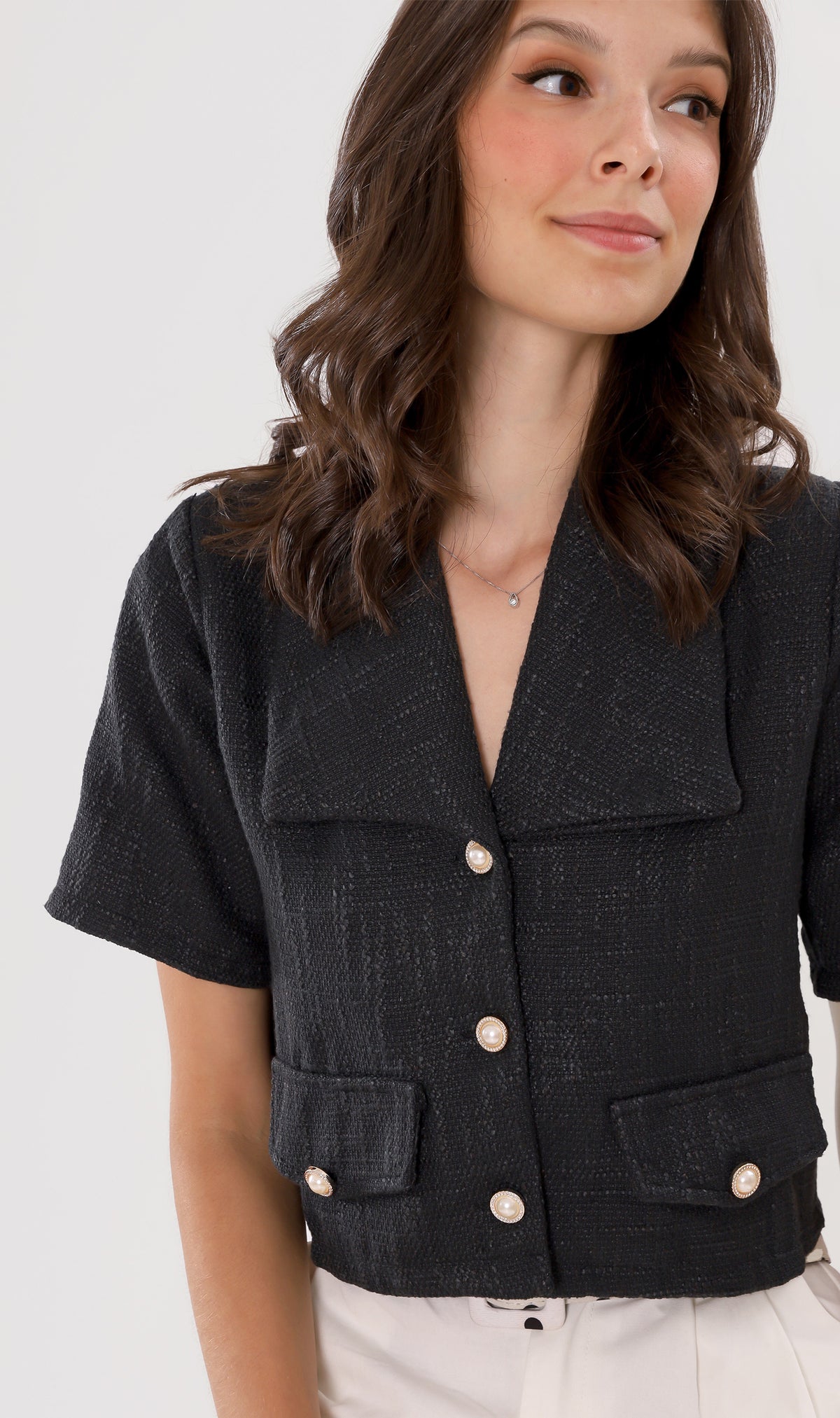 DIONNE Wide-Collar Tweed Blazer Top (Black)