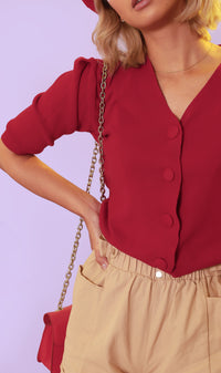 SYLVIE Knit Button-Down Cardi (Red)