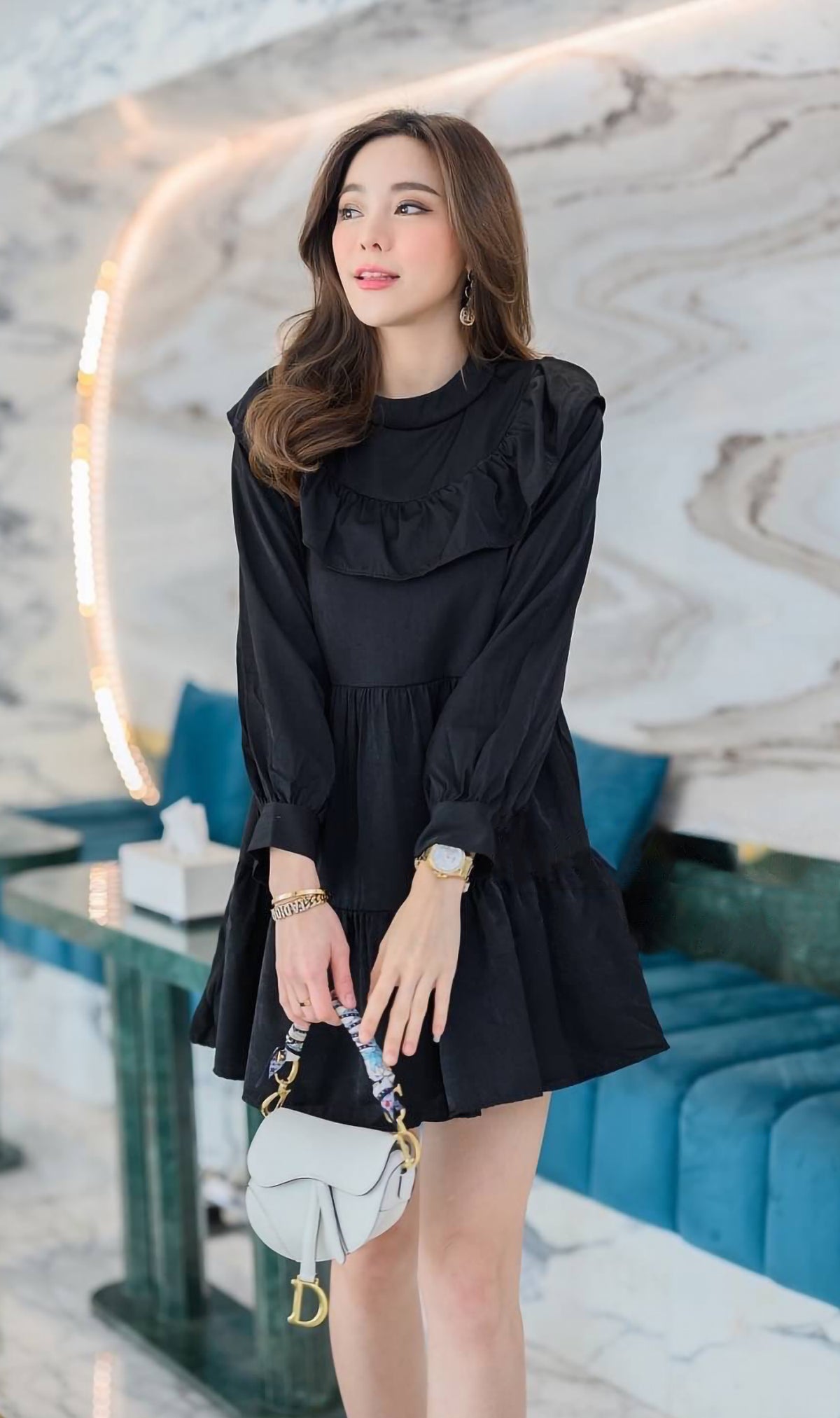 IMOGEN Bib-Collar Long-Sleeve Tiered Dress (Black)