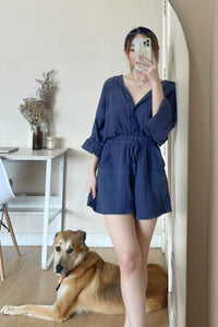 CADENCE Long-Sleeve Button-down Top & Shorts Co-ord (Dusty Navy)
