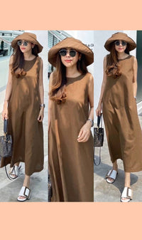 MAZIE Low-back Linen Midi Dress w/ Hat (Nutmeg)