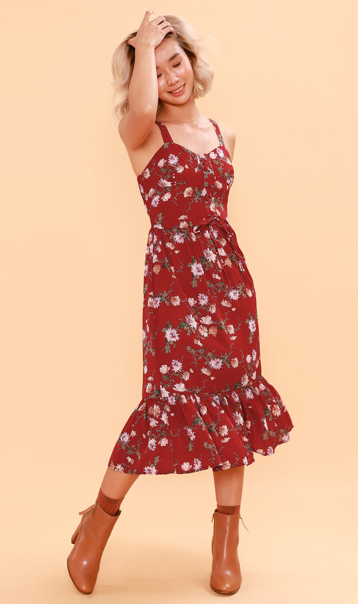 CRESSIDA Floral Lace-Up Midi Dress (Rust Red)