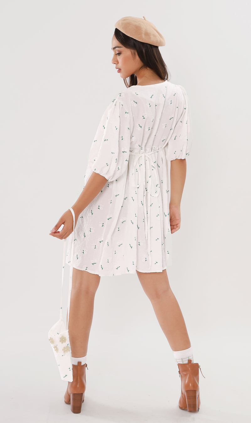 YANA Floral-Print Puff-Sleeve Babydoll Dress w/ Bag (White)