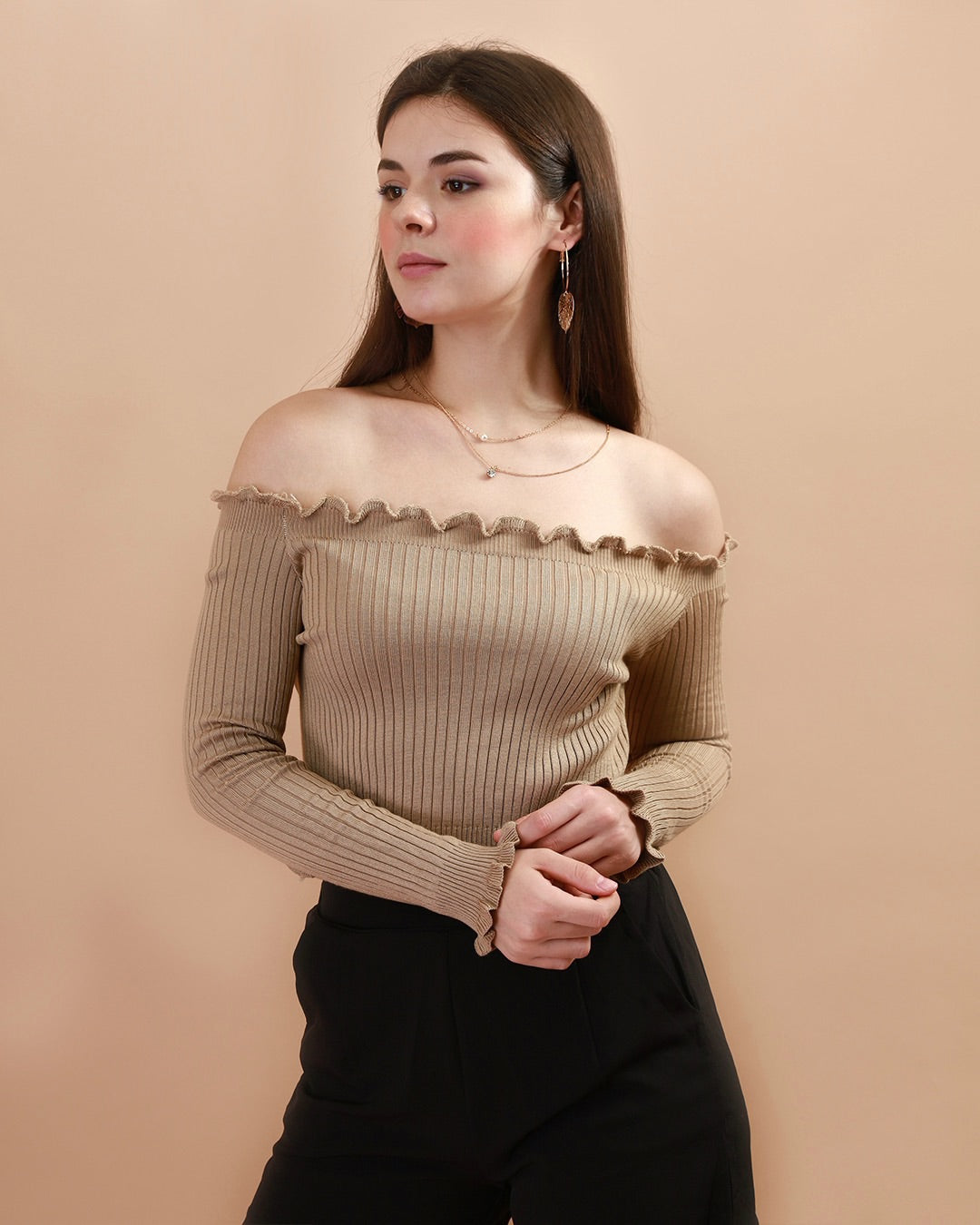 CARRIE Lettuce Ruffle Off Shoulder Top Nude 1930 Clothing