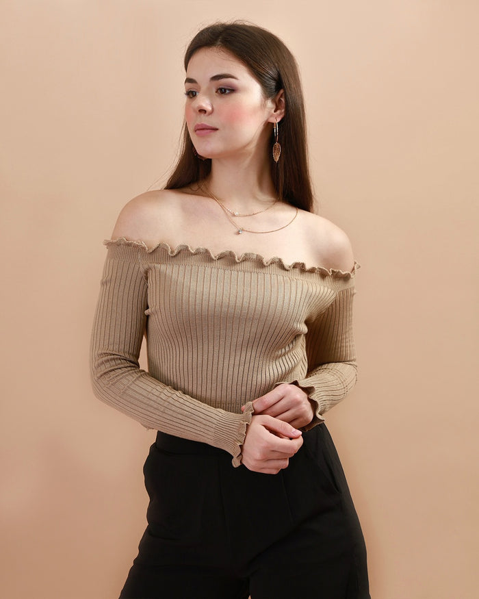 CARRIE Lettuce Ruffle Off-Shoulder Top (Nude)