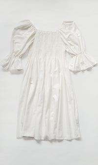 REYA Smocked Puff-Sleeve Linen Dress (White)
