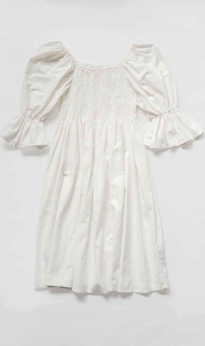 REYA Smocked Puff-Sleeve Linen Dress (White)