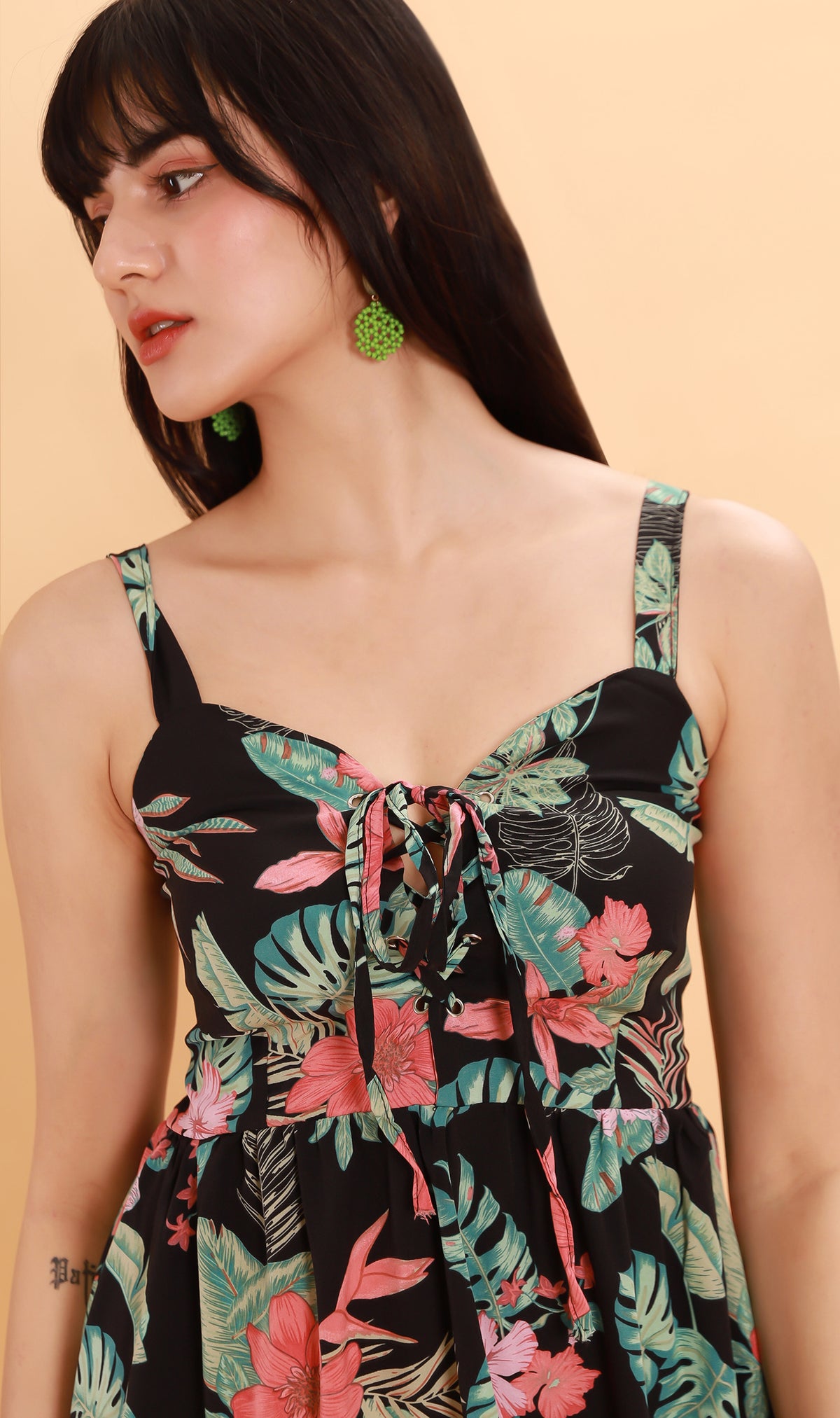 REINE Tropical Lace-Up Midi Dress