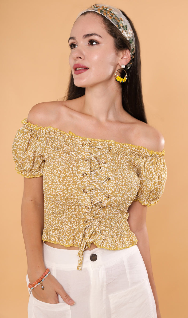 SEBBE Puff-Sleeve Lace-Up Top (Yellow)