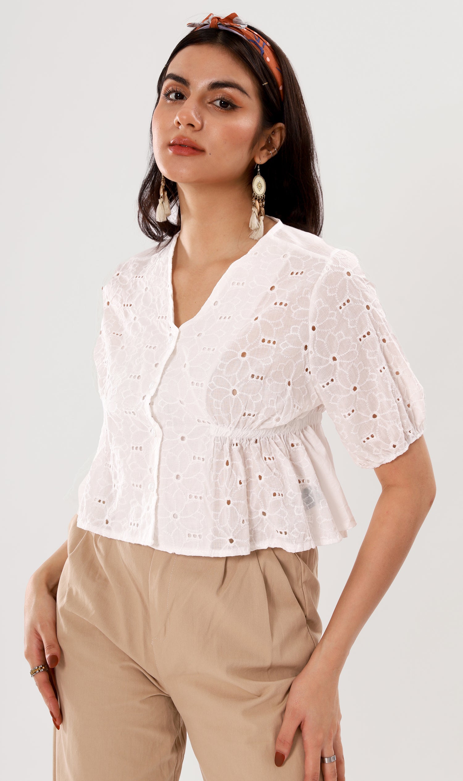 MICAELA Buttoned Eyelet Peplum Top (White) – 1930 Clothing