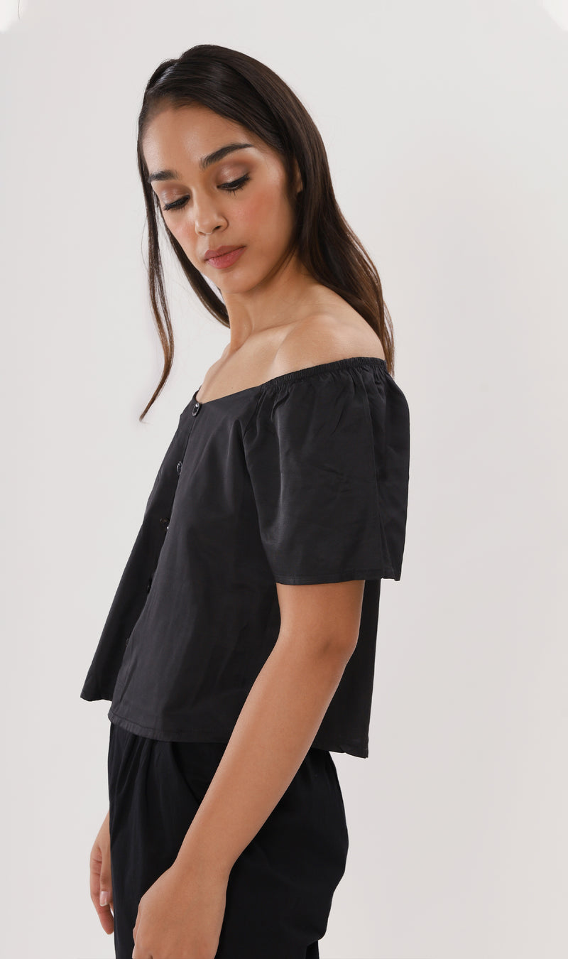 ELIANA Buttoned Flutter-Sleeve Top (Black)